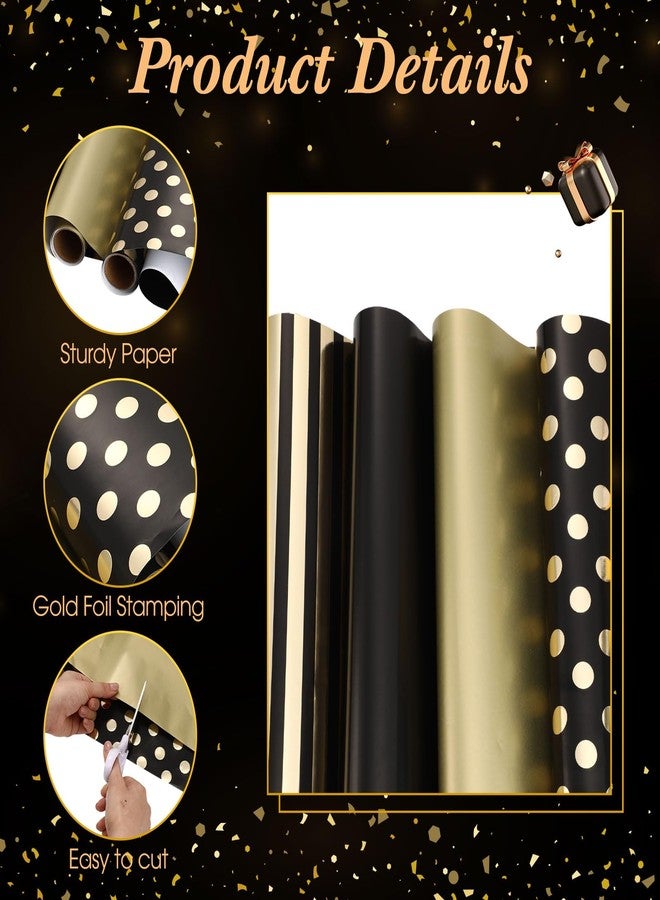 Supervitae 4 Rolls Black and Gold Wrapping Paper Roll 17 Inch x 10 ft Mini Roll Solid Color Striped Polka Dot Design Gift Wrap for Birthday Christmas Father's Day Men Husband Wedding Party - Image 3